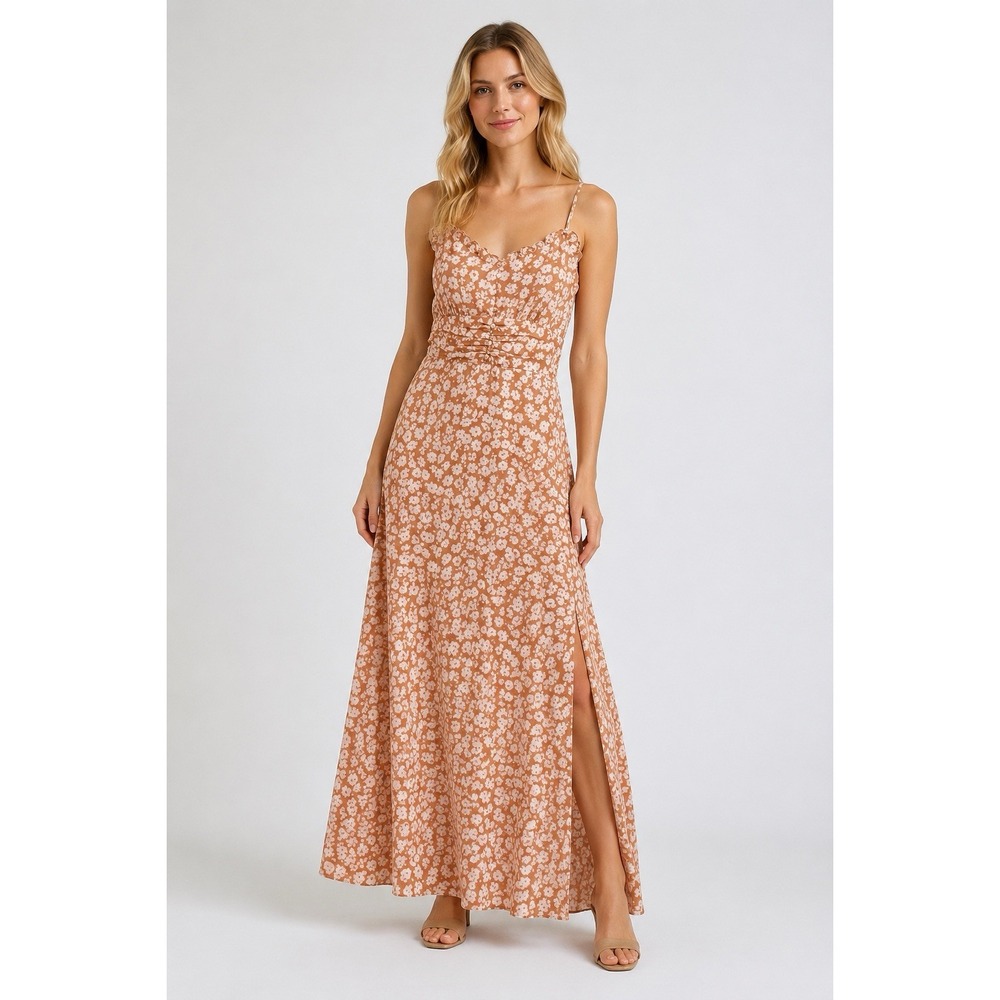 Lulus Crista Floral Maxi Dress S Rust Orange Button Front Cottagecore
